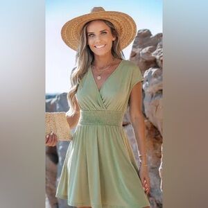 Surplice Smocked Waist Mini Dress XL/Green